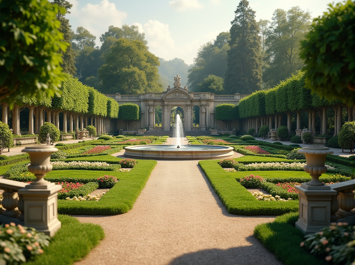 Prompt: Manicured lawns, ornate fountains, symmetrical pathways, decorative statues, classical urns, topiary trees, vibrant flower beds, elegant stone benches, refined gravel walkways, majestic columns, grand entrance gates, formal hedges, lush greenery, soft warm lighting, shallow depth of field, 3/4 composition, panoramic view, realistic textures, ambient occlusion.