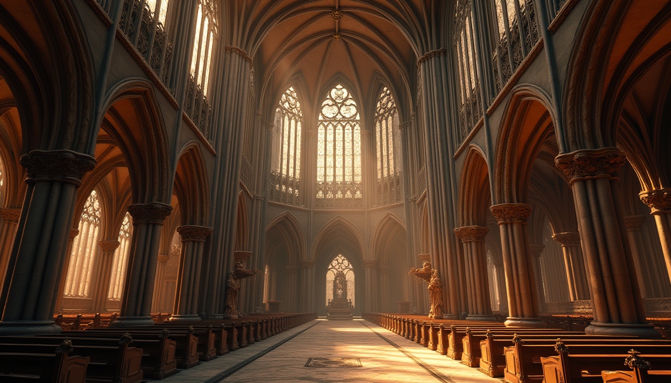 Prompt: Intricate stone carvings, ribbed vaults, flying buttresses, stained glass windows, grandiose entrances, ornate facades, pointed arches, slender columns, dramatic verticality, soaring ceilings, mystical ambiance, warm golden lighting, high contrast shading, detailed textures, realistic materials, cinematic composition, atmospheric perspective.