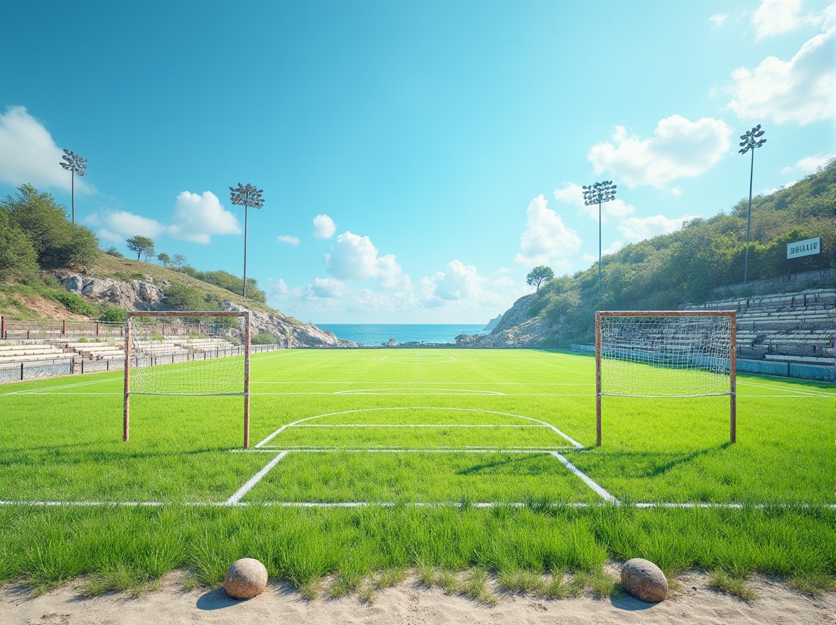 Prompt: Vibrant coastal sports fields, lush green grass, weathered wooden bleachers, rusty metal goalposts, sandy terrain, oceanic blue skies, warm sunny days, soft gentle breezes, seashell-inspired patterns, nautical rope details, driftwood textures, weathered signage, beachy volleyball nets, soccer goals with netting, natural stone pathways, salty mist effects, 3/4 composition, shallow depth of field, panoramic view, realistic textures, ambient occlusion.