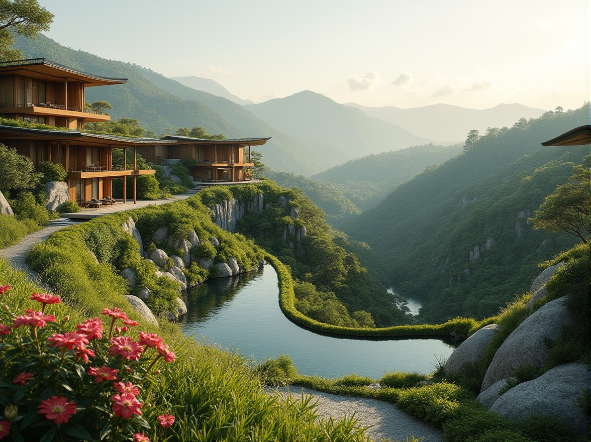 Prompt: Rolling hills, lush greenery, meandering pathways, modernist buildings, cantilevered roofs, floor-to-ceiling windows, minimalist design, natural stone walls, wooden accents, vibrant flowers, tranquil water features, shallow reflective pools, soft warm lighting, 3/4 composition, panoramic view, realistic textures, ambient occlusion.