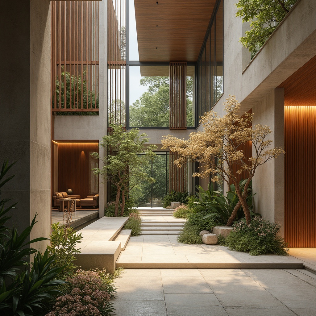 Prompt: Modern architectural design, cohesive color palette, harmonious hues, earthy tones, natural materials, wooden accents, stone walls, vibrant greenery, blooming flowers, soft warm lighting, shallow depth of field, 3/4 composition, panoramic view, realistic textures, ambient occlusion, calming atmosphere, serene ambiance, elegant interior spaces, minimalist decor, neutral background, bold accent colors, rich textures, metallic finishes, glass surfaces, sleek lines, contemporary style.