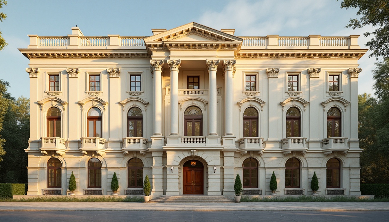 Prompt: Grandiose residential facade, towering Corinthian columns, ornate capital decorations, symmetrical composition, creamy white marble cladding, elegant balustrades, sweeping archways, grand entranceways, luxurious balconies, intricate moldings, classical pediments, subtle rustication, warm golden lighting, dramatic shadows, 1/2 composition, low-angle shot, realistic reflections, ambient occlusion.Let me know if this meets your expectations!