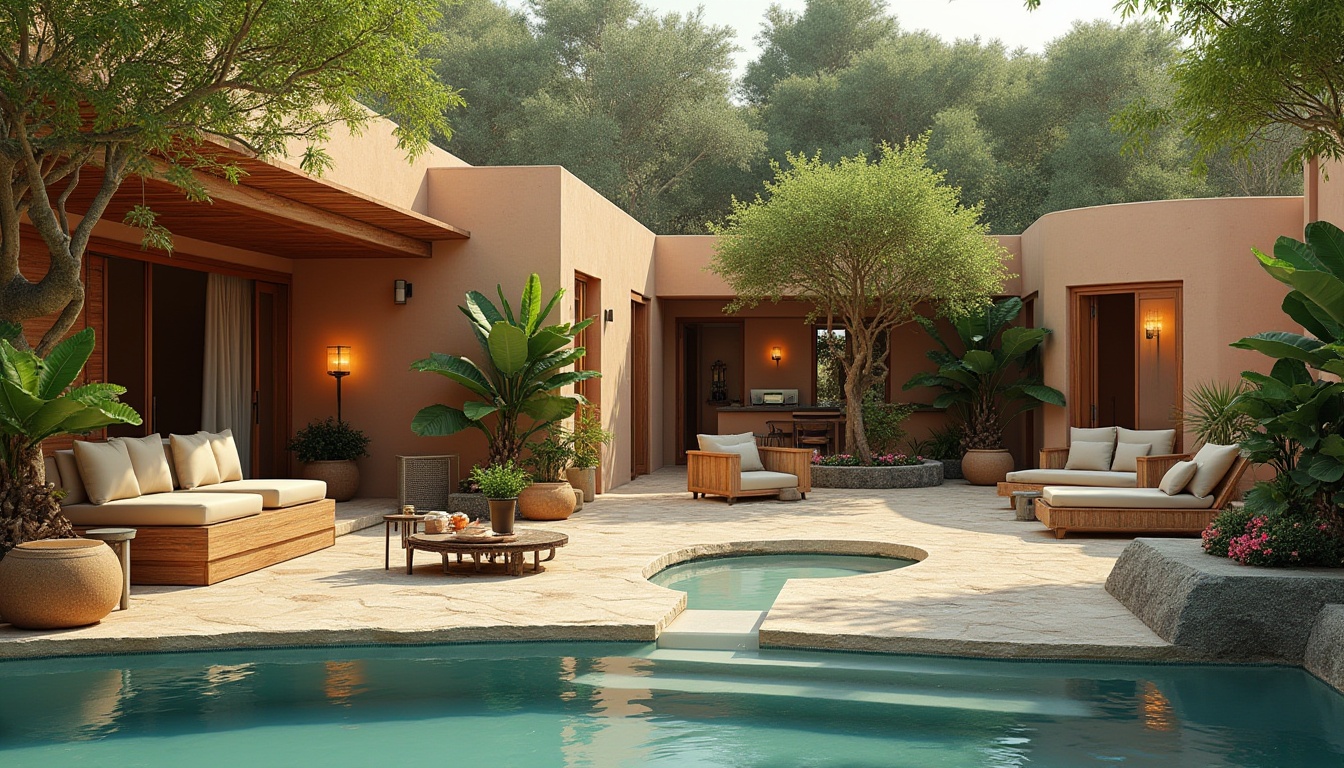 Prompt: Secluded villa, lush green surroundings, warm beige walls, rustic wooden accents, tranquil water features, soft peach tones, calming blue hues, natural stone pathways, earthy terracotta pots, vibrant floral arrangements, serene outdoor seating, cozy lantern lighting, shallow depth of field, 1/1 composition, panoramic view, realistic textures, ambient occlusion.