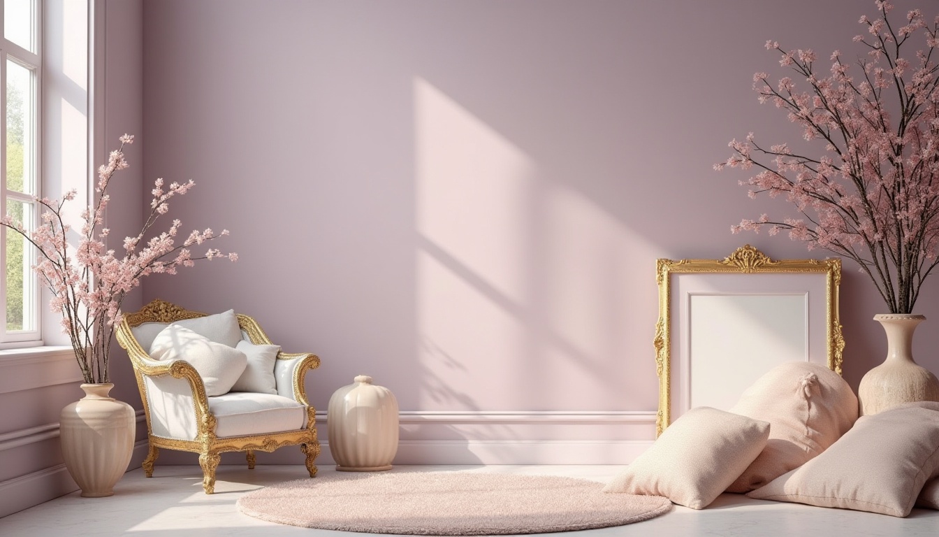 Prompt: Soft lilac hue, pastel purple shades, creamy whites, warm beige tones, rich wood accents, velvety soft fabrics, delicate florals, whimsical illustrations, ornate gold frames, elegant typography, sophisticated ambiance, natural light pouring in, subtle shadows, 1/1 composition, shallow depth of field, romantic atmosphere, vintage inspiration.