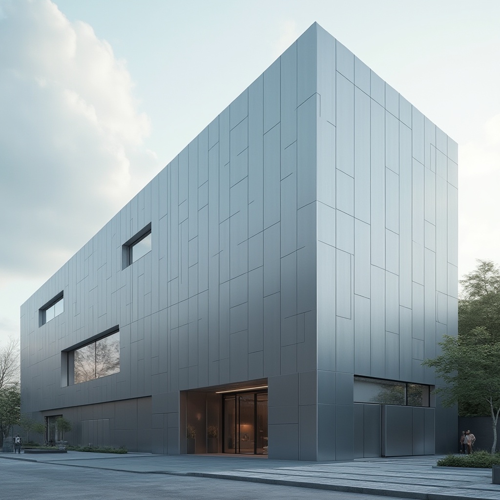 Prompt: Sleek modern architecture, aluminum fa\u00e7ade, silver metallic finish, durable exterior walls, minimalist design, clean lines, geometric shapes, urban cityscape, cloudy sky, soft natural light, shallow depth of field, 1/1 composition, realistic reflections, ambient occlusion.