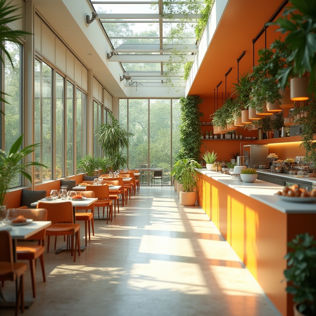 Prompt: Vibrant restaurant interior, abundant natural light, large windows, glass doors, skylights, clerestory windows, minimal window frames, reflective surfaces, polished floors, bright color scheme, open kitchen, modern minimalist decor, greenery walls, living plants, organic textures, soft warm lighting, shallow depth of field, 1/1 composition, panoramic view, realistic rendering, ambient occlusion.