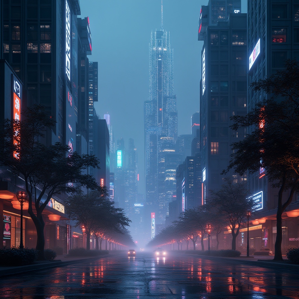 Prompt: Futuristic cityscape, neon lights, sleek skyscrapers, LED strips, holographic displays, virtual reality interfaces, cyberpunk atmosphere, dark alleys, glowing street art, luminescent trees, ambient fog, misty night, high-contrast lighting, dramatic shadows, futuristic transportation systems, levitating vehicles, gleaming metallic surfaces, iridescent colors, immersive experiences, dynamic light installations, kinetic sculptures, interactive exhibits, avant-garde architecture, sustainable energy harvesting.