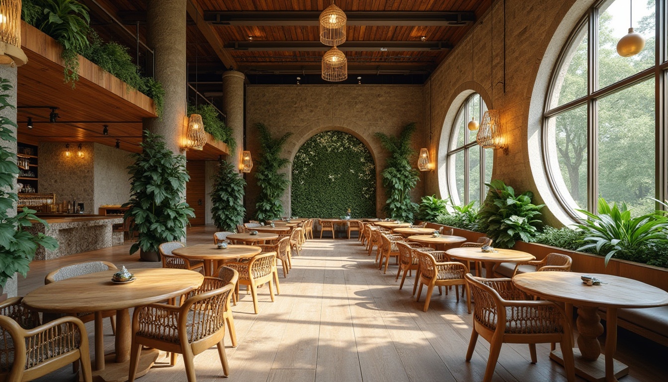 Prompt: Natural stone walls, wooden accents, earthy tones, free-flowing curves, biomimicry inspiration, verdant greenery, living walls, botanical patterns, fluid table shapes, organic pendant lights, woven textiles, rattan chairs, reclaimed wood flooring, nature-inspired sculptures, airy atmosphere, soft diffused lighting, 3/4 composition, warm color palette, cozy nooks, communal seating areas.