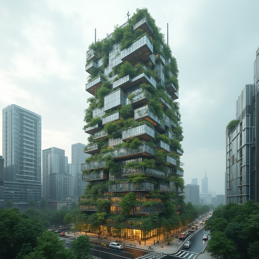 Prompt: Eco-friendly skyscraper, green roofs, living walls, solar panels, wind turbines, recyclable materials, low-carbon footprint, minimalist design, natural ventilation systems, large windows, glass facades, reflective metal surfaces, angular lines, modern urban landscape, busy city streets, cloudy sky, soft diffused lighting, shallow depth of field, 1/1 composition, realistic textures, ambient occlusion.