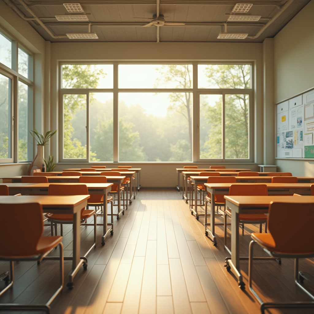 Prompt: Bright classroom, natural light pouring in, large windows, greenery views, wooden desks, ergonomic chairs, soft warm lighting, shallow depth of field, 1/1 composition, realistic textures, ambient occlusion, educational posters, interactive whiteboards, minimal decor, calming color scheme, earthy tones, comfortable seating areas, collaborative learning spaces, modern architecture, sustainable design.