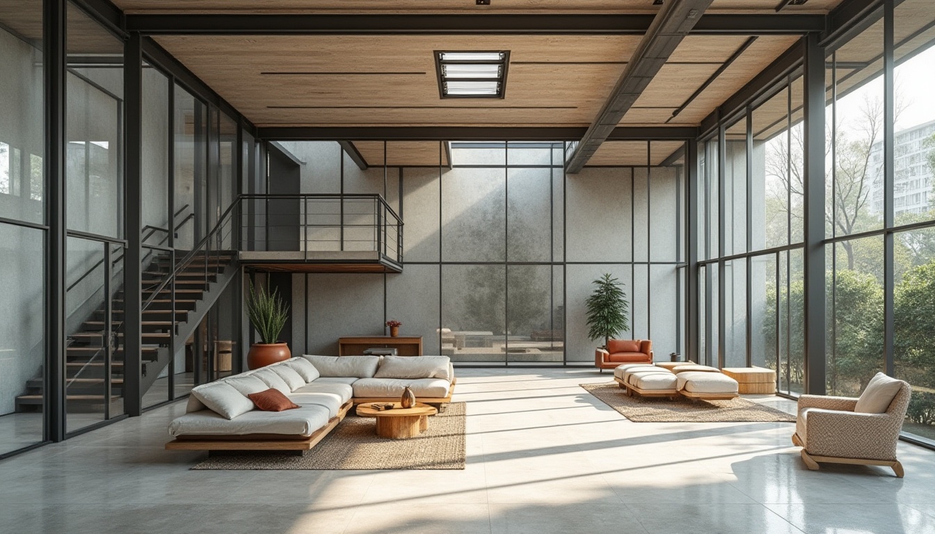 Prompt: Minimalist interior, large windows, steel frames, transparent glass walls, open floor plans, industrial materials, exposed ductwork, functional simplicity, geometric shapes, primary color schemes, natural textiles, woven rugs, wooden furniture, cantilevered stairs, vertical louvers, clerestory windows, skylights, diffused lighting, soft shadows, high ceilings, airy atmosphere, urban surroundings, modern cityscape, concrete pavement, minimalist landscaping.