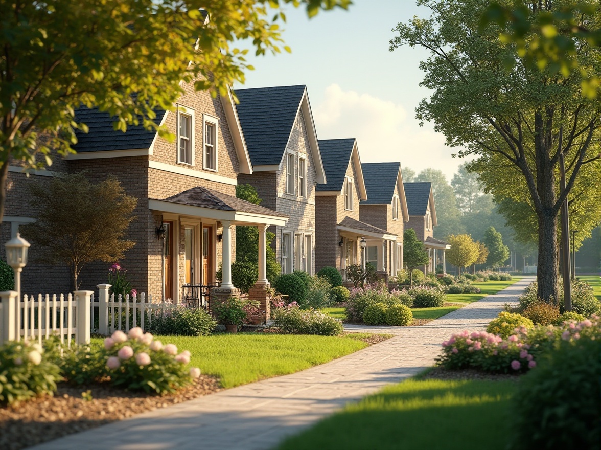 Prompt: Cozy suburban neighborhood, tree-lined streets, manicured lawns, single-family homes, pitched roofs, brick facades, white picket fences, blooming gardens, sunny afternoon, soft warm lighting, shallow depth of field, 3/4 composition, realistic textures, ambient occlusion, quiet atmosphere, family-friendly environment, outdoor seating areas, decorative lamp posts, welcoming porches, natural stone walkways.