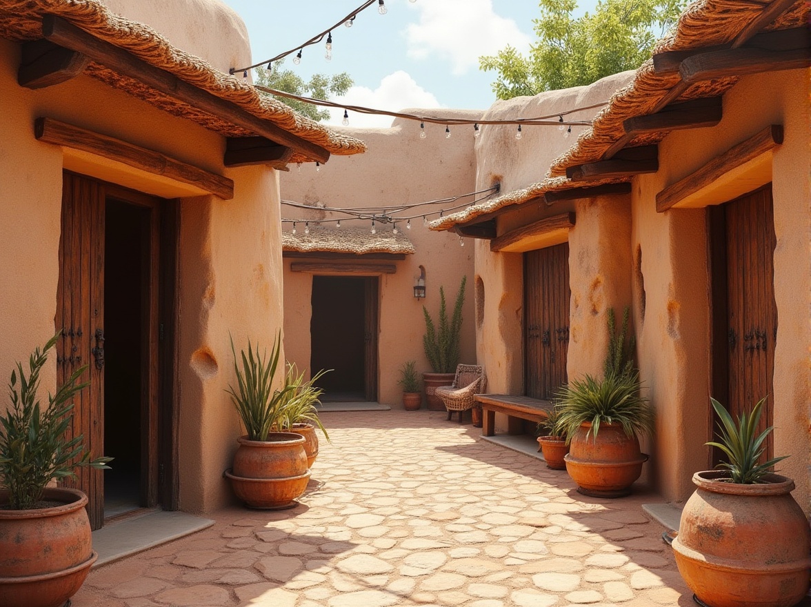 Prompt: Earth-toned adobe buildings, natural stone walls, wooden doorways, rustic metal accents, woven bamboo roofs, earthy terracotta tiles, locally-sourced materials, organic textures, mud-brick constructions, curved arches, ornate wooden carvings, vibrant colorful textiles, intricate geometric patterns, warm ambient lighting, soft shadows, 1/1 composition, shallow depth of field, realistic render.