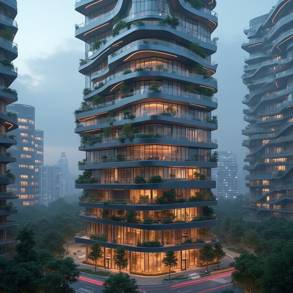 Prompt: Futuristic skyscraper, angular metallic facade, vertical green walls, cantilevered balconies, LED light installations, urban social housing, community rooftop gardens, modern minimalist architecture, sleek glass railings, anodized aluminum cladding, parametric design patterns, 3D-printed ornamental features, vibrant neon lighting, dramatic cityscape views, shallow depth of field, 2/3 composition, high-contrast textures, ambient occlusion.