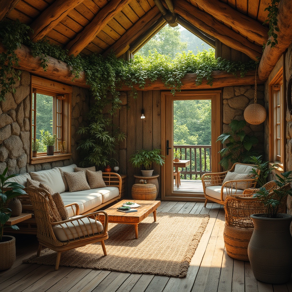 Prompt: Rustic wooden cabins, earthy tones, natural stone walls, reclaimed wood accents, living roofs, lush greenery, bamboo flooring, rattan furniture, jute rugs, organic textures, earth-inspired color palette, warm soft lighting, shallow depth of field, 1/1 composition, realistic materials, ambient occlusion.