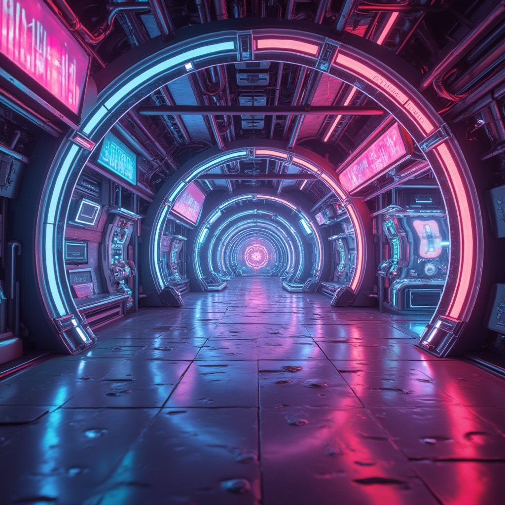 Prompt: Vibrant digital interface, futuristic neon hues, pastel accents, metallic finishes, rich typography, modernist architecture, sleek lines, minimalist composition, bold contrasting colors, dynamic gradient effects, 3D visual elements, atmospheric lighting, real-time rendering, pixel-perfect design, intricate geometric patterns, high-tech aesthetic, sci-fi inspired atmosphere.