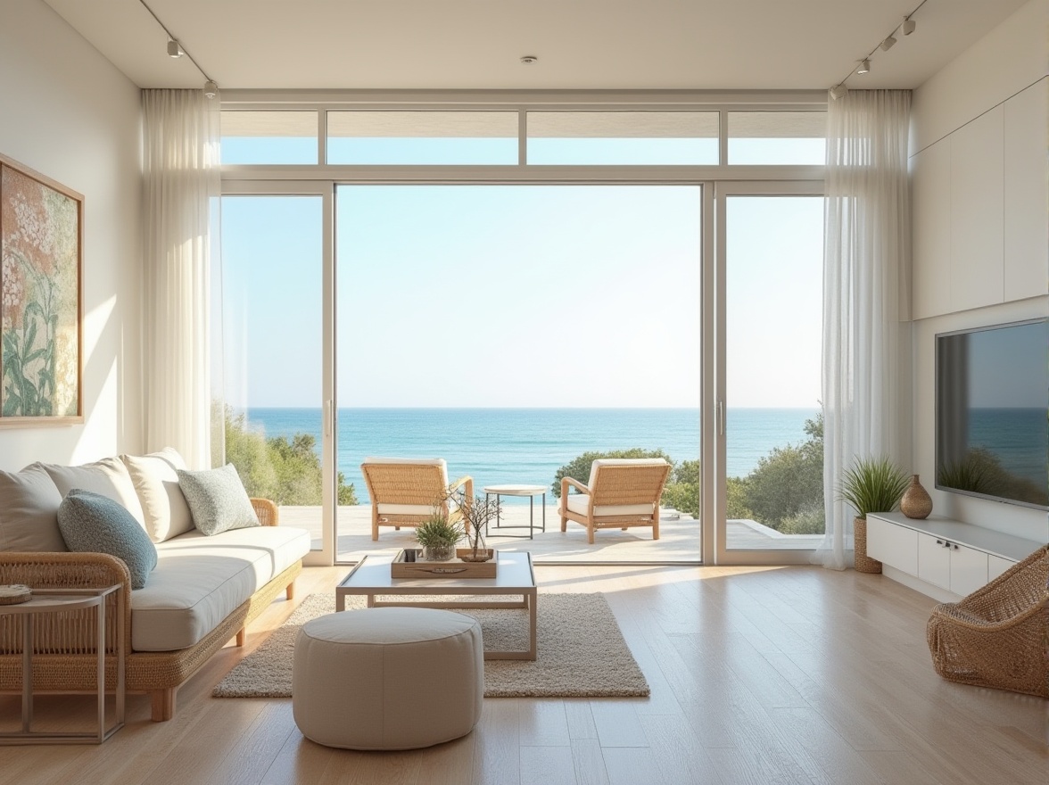 Prompt: Seaside villa, oceanfront views, floor-to-ceiling windows, sliding glass doors, minimal obstructions, open-plan living areas, reflective white surfaces, light-wood flooring, sheer curtains, natural textiles, woven rattan furniture, nautical accents, subtle beachy colors, soft warm lighting, shallow depth of field, 1/1 composition, panoramic views, realistic ocean sounds, ambient occlusion.Please let me know if this meets your requirements!