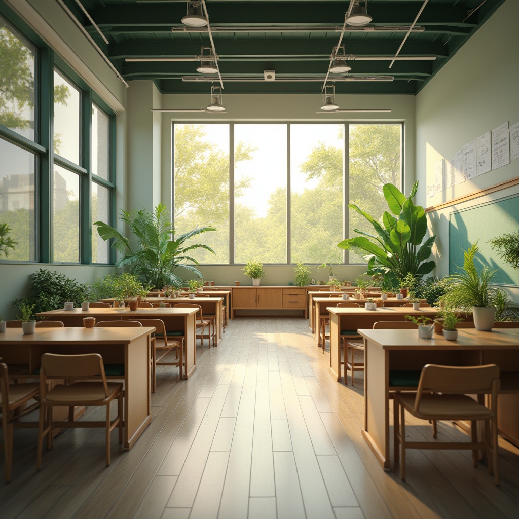 Prompt: Brightly lit classrooms, large windows, glass ceilings, natural ventilation, soft warm illumination, indirect sunlight, comfortable learning spaces, wooden furniture, green walls, living plants, minimalist decor, calm atmosphere, subtle shadows, shallow depth of field, 3/4 composition, realistic textures, ambient occlusion.