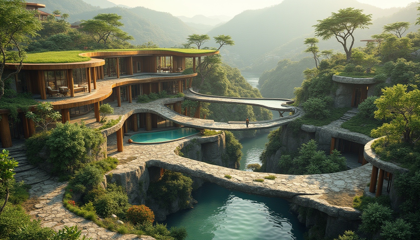 Prompt: Seamless landscape integration, organic architecture, curved lines, natural stone walls, green roofs, lush vegetation, serene water features, reflecting pools, walking trails, scenic overlooks, cantilevered structures, wooden accents, earthy tones, warm ambient lighting, shallow depth of field, 2/3 composition, panoramic view, realistic textures, ambient occlusion.