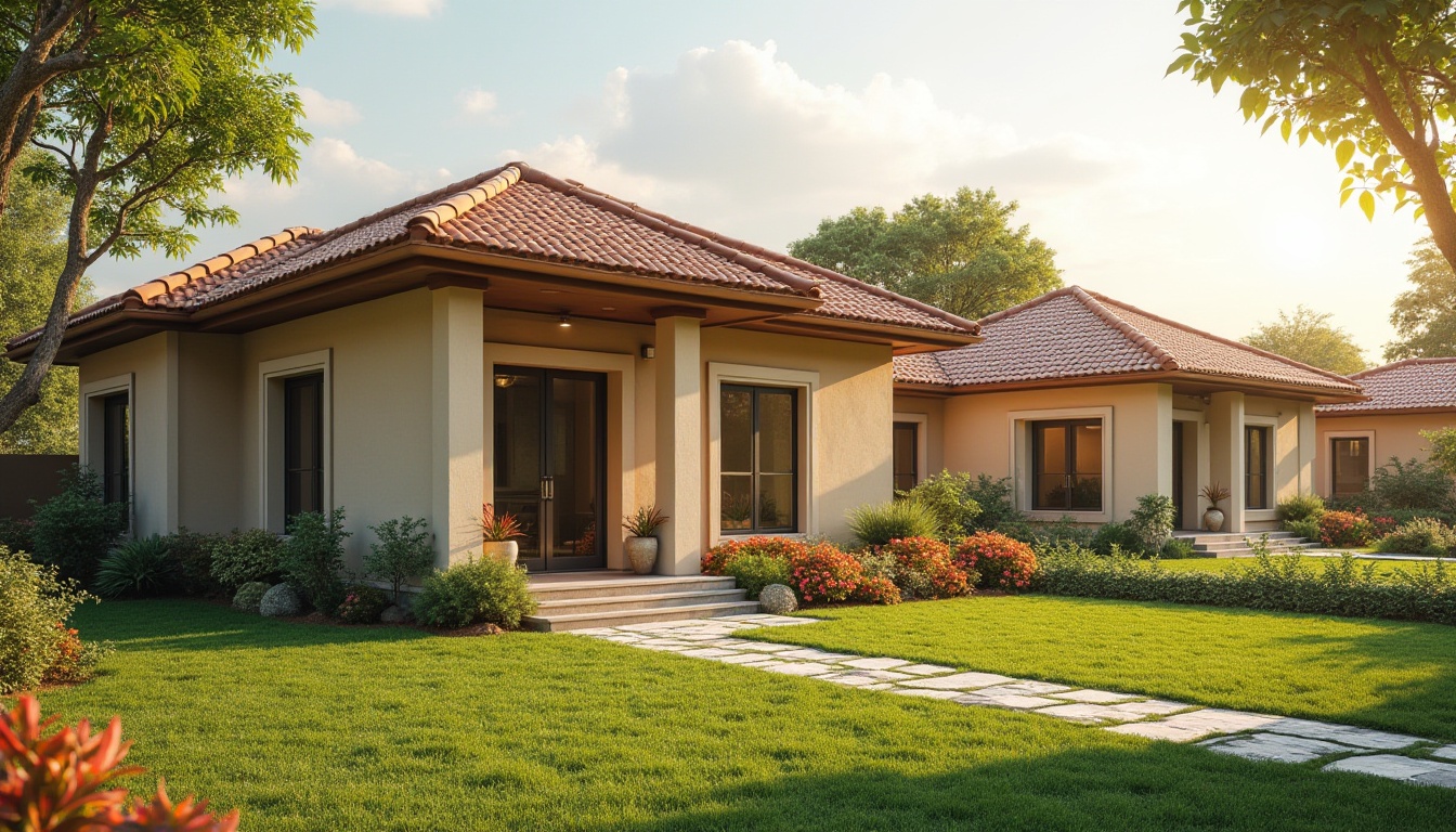 Prompt: Cozy residential exterior, warm earthy tones, soft beige walls, rich brown roofs, lush green lawns, vibrant flowerbeds, natural stone pathways, modern minimalism, large windows, sliding glass doors, warm sunny day, gentle warm lighting, shallow depth of field, 3/4 composition, realistic textures, ambient occlusion.