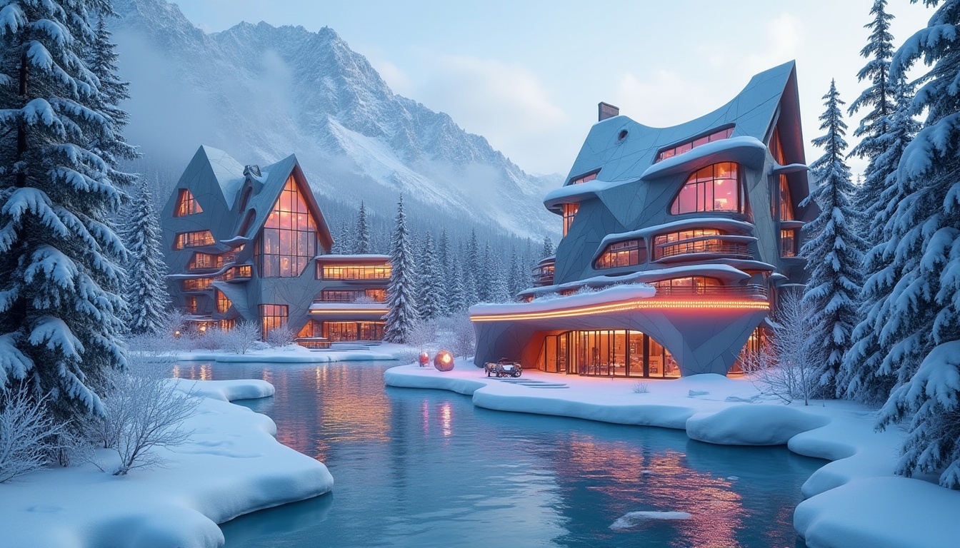 Prompt: Snow-capped mountains, frosty pine trees, frozen lakes, ski resort architecture, expressionist facade design, bold geometric patterns, vibrant color schemes, dynamic angular lines, futuristic materials, metallic surfaces, LED light installations, neon-lit signage, abstract sculptures, irregular shapes, asymmetrical compositions, dramatic shading, high-contrast textures, cinematic lighting, 1/2 composition, low-angle shot, atmospheric mist.