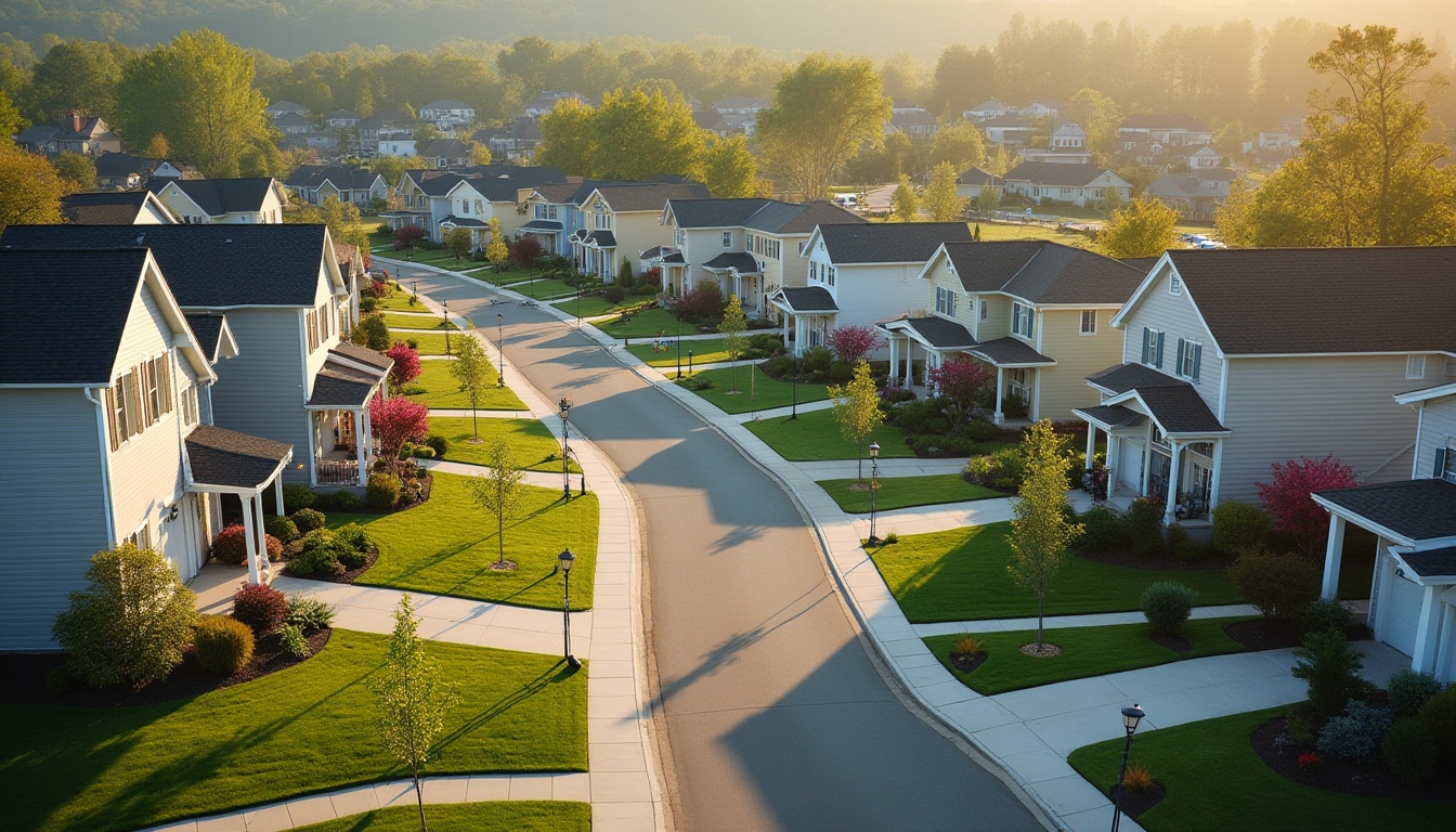 Prompt: Suburban neighborhood, single-family homes, pitched roofs, vinyl siding, manicured lawns, blooming gardens, sidewalks, streetlights, parked cars, bicycles, playgrounds, community centers, local shops, quiet streets, morning sunlight, soft warm lighting, shallow depth of field, 3/4 composition, natural textures, ambient occlusion.