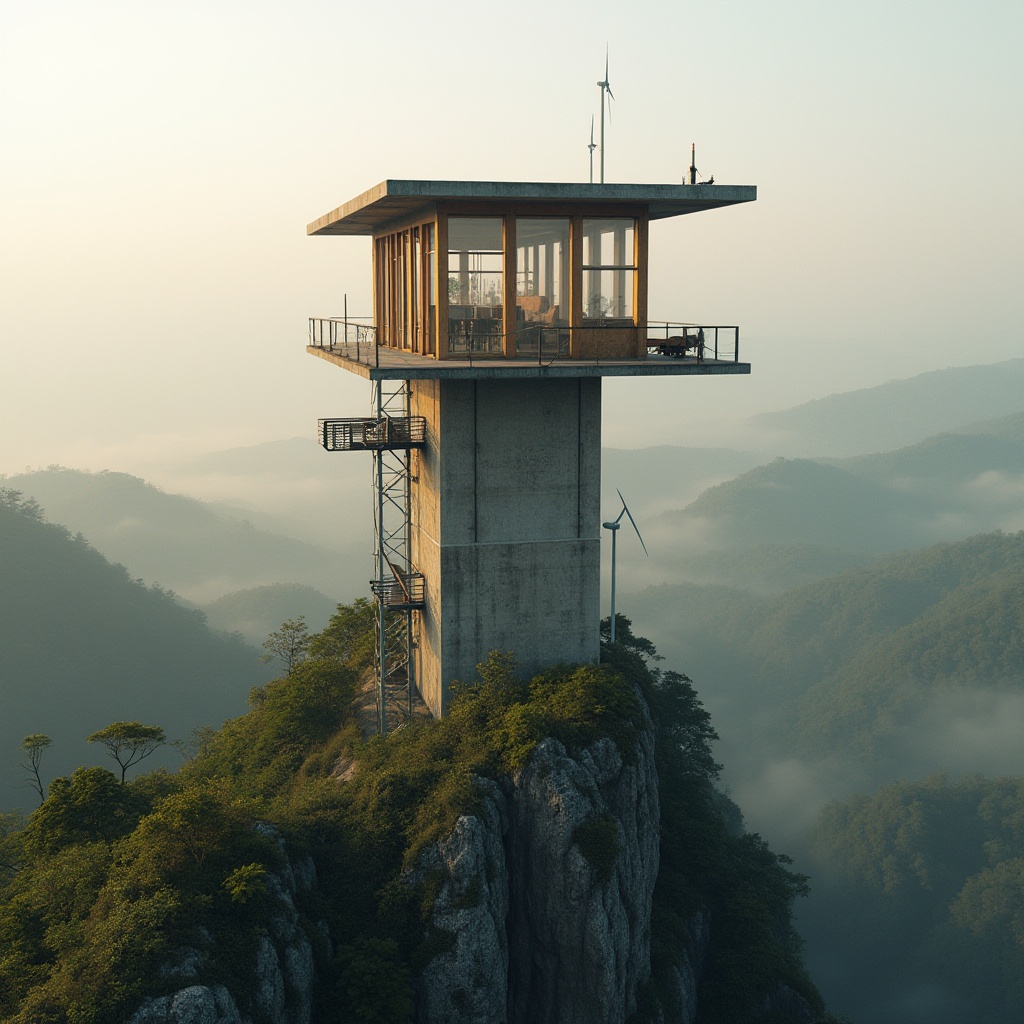 Prompt: Elevated watching tower, recycled metal framework, reclaimed wood accents, low-carbon concrete foundation, green roofs, solar panels, wind turbines, rainwater harvesting system, eco-friendly insulation, natural ventilation systems, minimal window mullions, panoramic views, misty morning atmosphere, soft warm lighting, shallow depth of field, 1/1 composition, realistic textures, ambient occlusion.