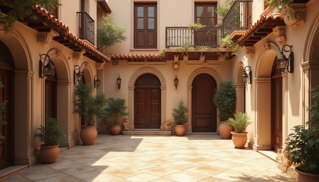 Prompt: Rich chocolate brown buildings, warm beige stone walls, creamy white accents, rustic wood textures, earthy red terracotta roofs, ornate bronze details, lavish golden lighting fixtures, soft cream-colored marble floors, velvety smooth wooden doors, inviting cozy atmosphere, natural warm daylight, shallow depth of field, 1/1 composition, realistic renderings, ambient occlusion.