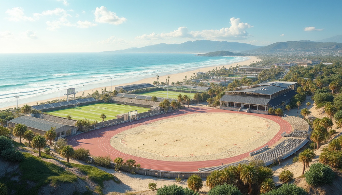 Prompt: Seaside sports complex, coastal terrain integration, sandy beach surroundings, ocean views, palm trees, driftwood accents, weathered steel structures, nautical-themed architecture, wind-resistant designs, saltwater-resistant materials, athletic track and field, soccer fields, rugby pitches, tennis courts, basketball courts, volleyball nets, goalposts, scoreboard displays, stadium seating, wave-inspired bleachers, sunny day, clear blue sky, gentle sea breeze, warm soft lighting, shallow depth of field, 3/4 composition, panoramic view, realistic textures, ambient occlusion.