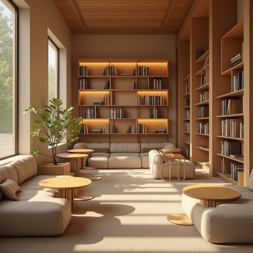 Prompt: \Cozy library atmosphere, warm beige walls, rich wood tones, comfortable seating areas, soft cushioning, earthy color scheme, natural light pouring in, large windows, calm ambiance, quiet reading nooks, bookshelves with ladder, modern minimalist furniture, subtle textures, ambient lighting, warm glow, 1/2 composition, shallow depth of field, realistic renderings.\