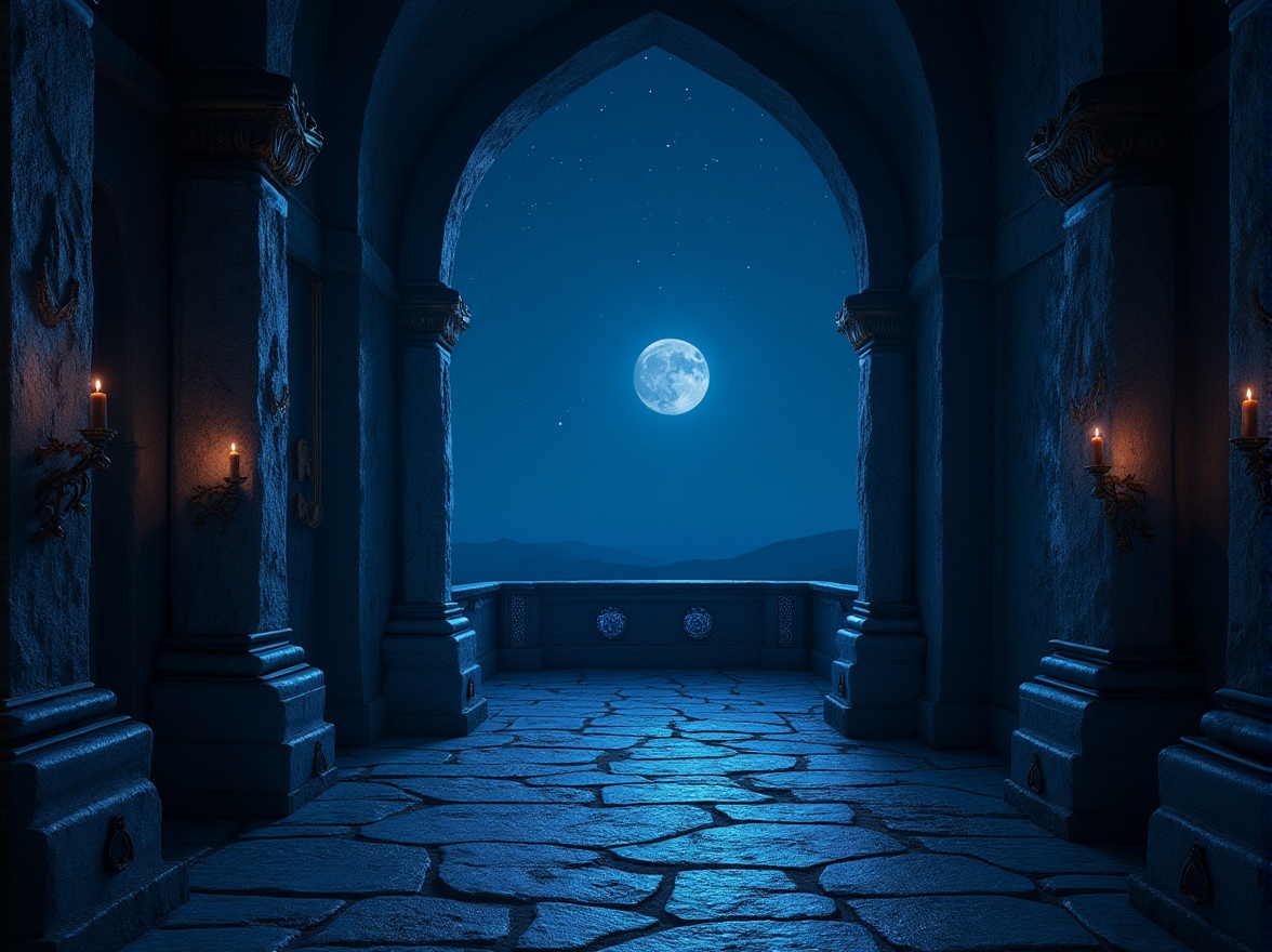 Prompt: Mysterious indigo night sky, twinkling stars, subtle moonlight, dark blue tones, rich velvet fabrics, luxurious stone walls, ancient mystical symbols, ornate gold accents, dimly lit atmospheric lighting, shallow depth of field, 1/1 composition, cinematic mood, realistic textures, ambient occlusion.