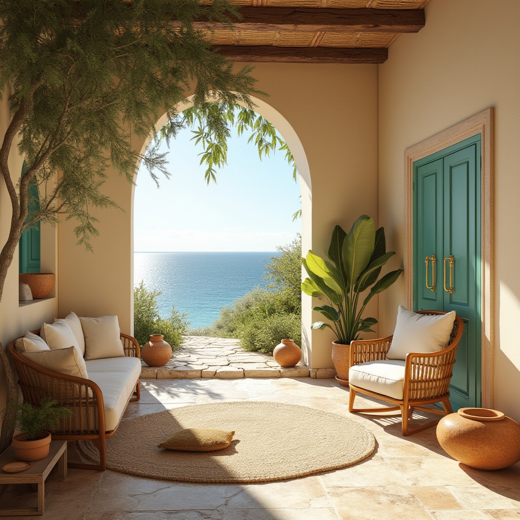 Prompt: Warm Mediterranean villa, soft sandy beige walls, tranquil turquoise accents, lush greenery, natural stone floors, rustic wooden furniture, cozy cream-colored upholstery, elegant gold fixtures, subtle terracotta pottery, serene ocean views, warm sunny day, gentle sea breeze, shallow depth of field, 1/1 composition, realistic textures, ambient occlusion.