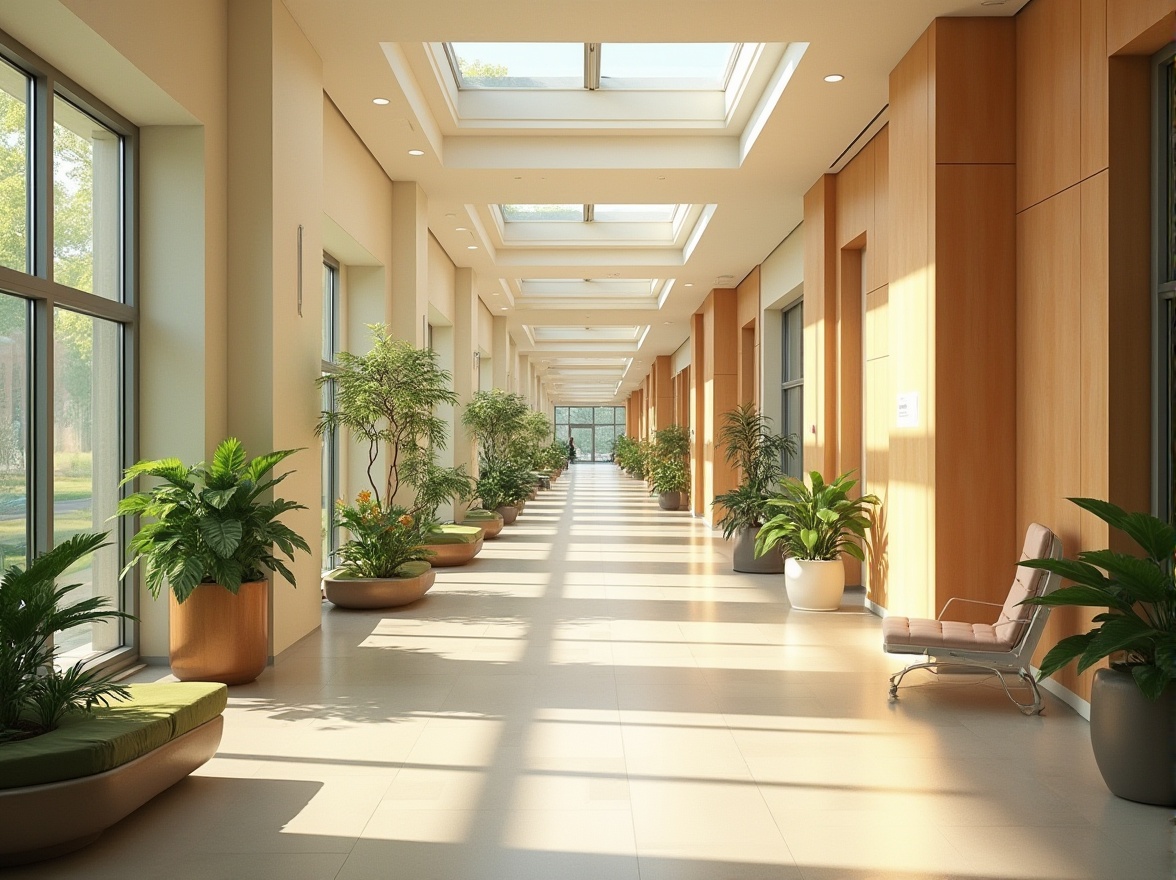 Prompt: Soothing hospital corridors, warm beige walls, calming natural light, large windows, soft diffused illumination, gentle shadows, peaceful atmosphere, serene patient rooms, comfortable waiting areas, lush greenery, vibrant flowers, water features, subtle color schemes, minimal decor, organic textures, earthy tones, calming sounds, nature-inspired artwork, abundant skylights, clerestory windows, warm wood accents, cozy nooks, relaxing ambiance, shallow depth of field, 1/1 composition, realistic renderings, ambient occlusion.