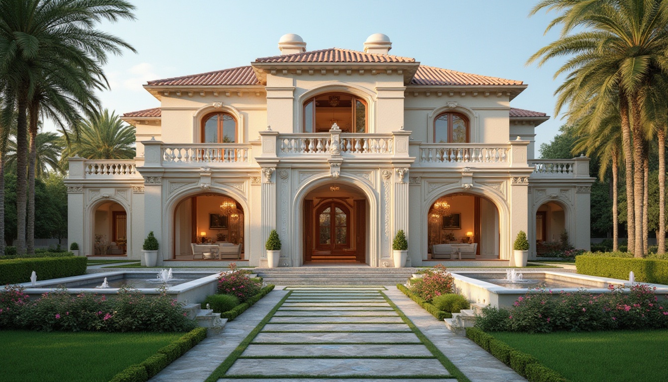 Prompt: Luxurious villa, elegant facade, ornate stone carvings, grand entrance, symmetrical architecture, cream-colored walls, subtle texture, warm ambient lighting, soft focus, 1/2 composition, shallow depth of field, inviting atmosphere, manicured lawns, vibrant flower beds, decorative fountains, tranquil water features, natural stone pathways.