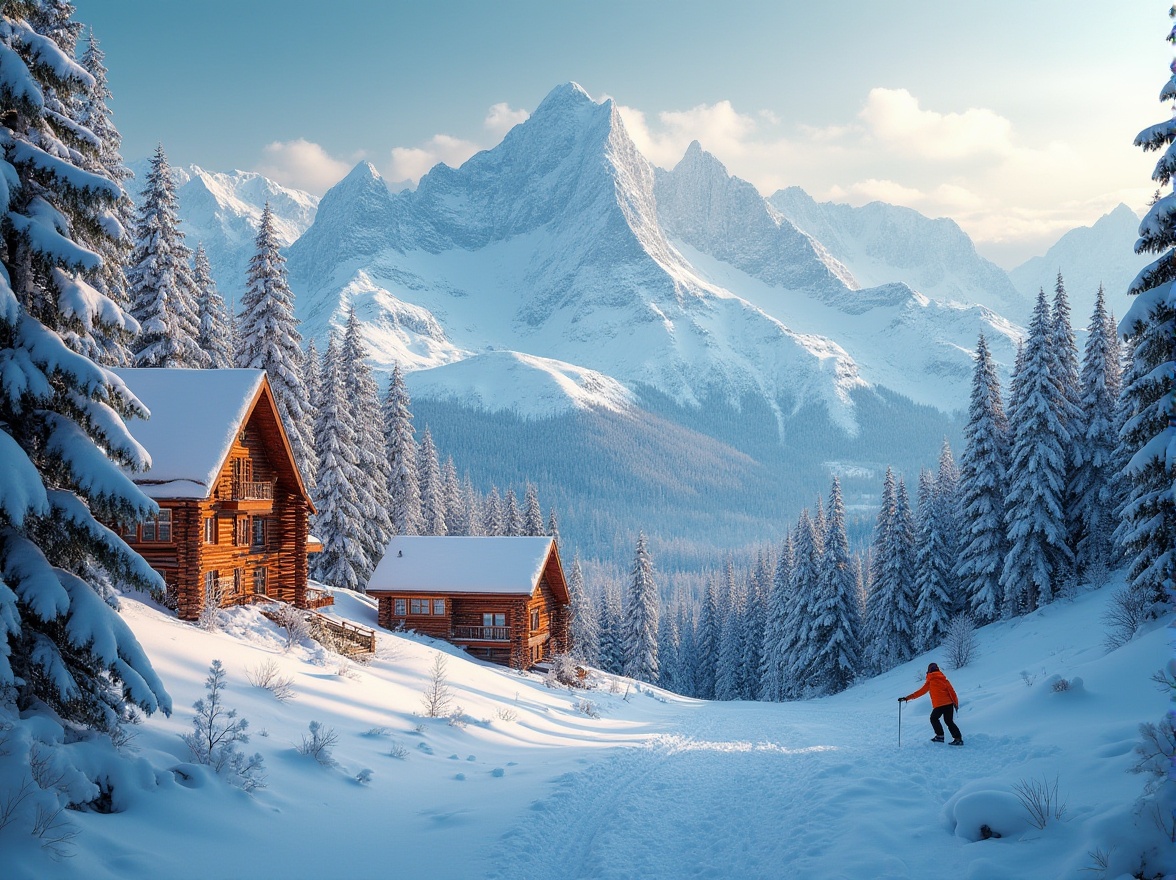 Prompt: Snow-capped mountains, frozen lakes, rustic wooden lodges, warm fireplaces, cozy cabins, vibrant ski suits, frosty winter air, crisp mountain peaks, pine tree forests, snowy trails, icy slopes, thrill-seeking adventure, dynamic energy, bold typography, icy blue hues, fiery orange accents, earthy brown tones, creamy white textures, soft powder snow, morning sunlight, golden hour glow, shallow depth of field, 2/3 composition, cinematic atmosphere, realistic snowflakes, ambient occlusion.