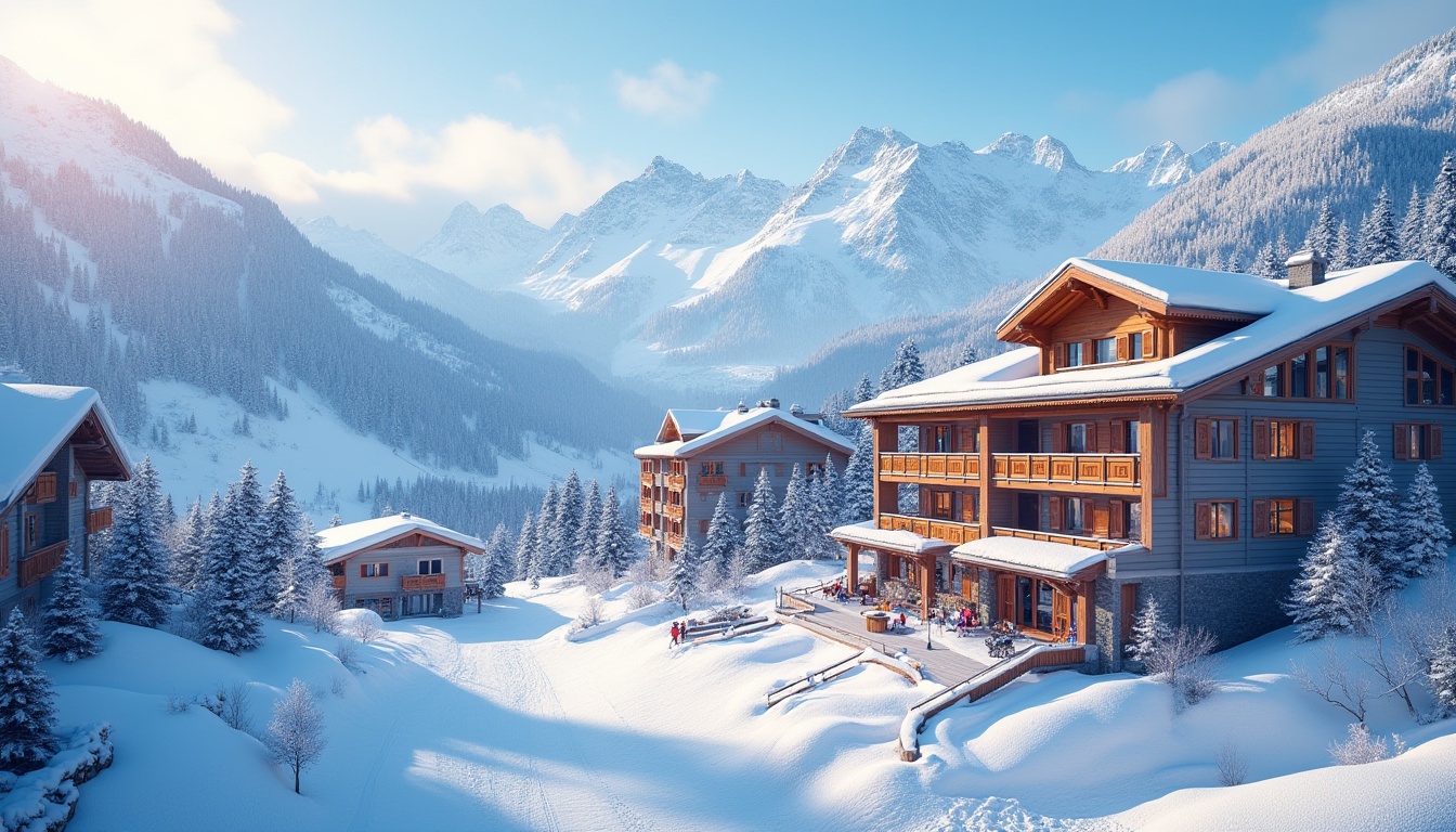 Prompt: Snow-capped mountains, ski resort architecture, modern chalet-style buildings, wooden accents, cozy fireplaces, vibrant winter sports equipment, snowflake patterns, icy blue colors, frosty mornings, soft powdery snow, gentle slopes, chairlifts, ski trails, mountain peaks, panoramic views, warm inviting lighting, shallow depth of field, 1/2 composition, realistic textures, ambient occlusion.