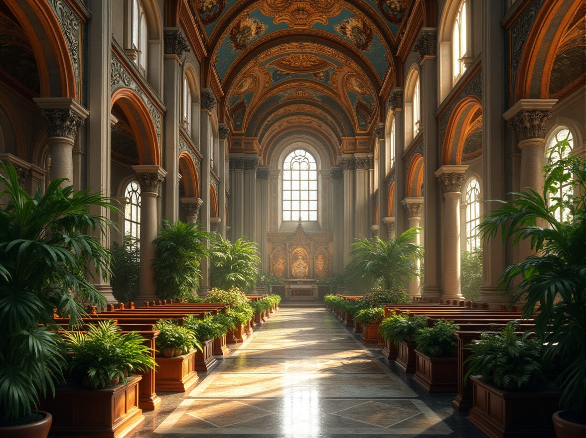 Prompt: Renaissance church interior, lush greenery, ornate stone carvings, vibrant frescoes, gold accents, intricate murals, stained glass windows, natural light pouring in, warm atmospheric lighting, soft shadows, 1/1 composition, symmetrical architecture, grand high ceilings, ornate columns, marble floors, rich textures, subtle color gradations.