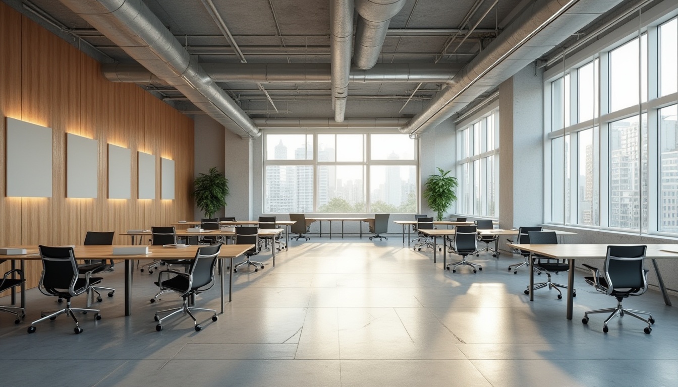 Prompt: Functional office space, modern minimalist decor, sleek metal furniture, ergonomic chairs, spacious workstations, collaborative meeting areas, acoustic panels, natural wood accents, floor-to-ceiling windows, abundant natural light, airy atmosphere, shallow depth of field, 3/4 composition, symmetrical balance, neutral color palette, subtle texture variations, realistic material rendering.