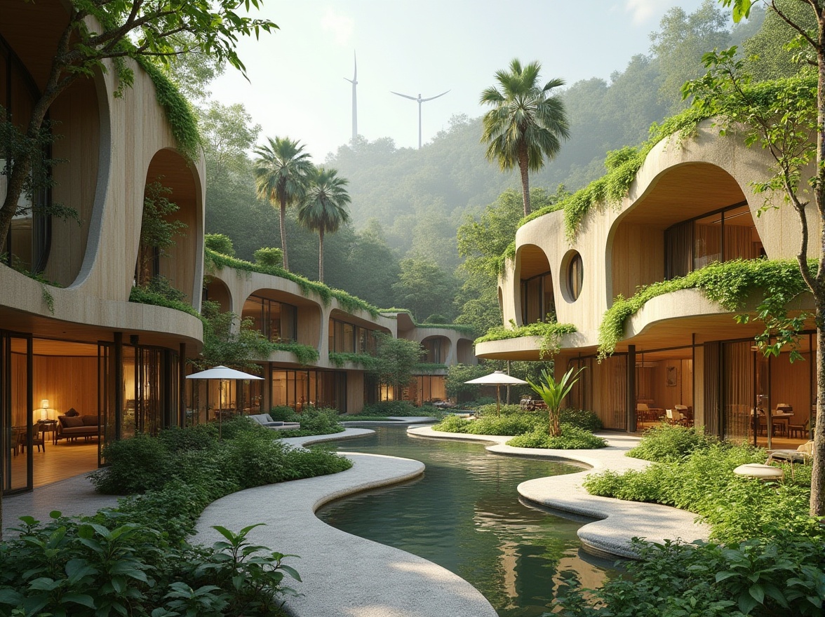 Prompt: Eco-friendly buildings, lush green roofs, living walls, solar panels, wind turbines, rainwater harvesting systems, natural ventilation systems, recycled materials, low-carbon footprint, sustainable design, organic shapes, curved lines, earthy tones, wooden accents, bamboo flooring, large windows, clerestory lighting, open floor plans, minimal ornamentation, seamless transitions, blurred boundaries, serene atmosphere, soft natural light, 1/1 composition, atmospheric perspective, realistic textures, ambient occlusion.