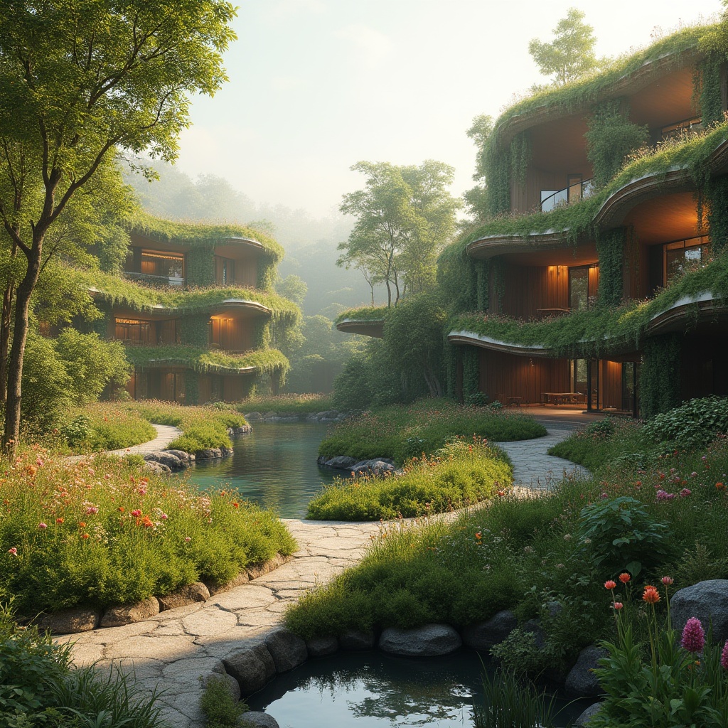 Prompt: Seamless landscape integration, harmonious blending of architecture and nature, lush green roofs, living walls, natural stone fa\u00e7ades, curved lines, organic shapes, cantilevered structures, rustic wooden accents, earthy color palette, vibrant wildflowers, meandering walking paths, serene water features, misty morning atmosphere, warm golden lighting, 1/1 composition, intimate scale, realistic textures, ambient occlusion.