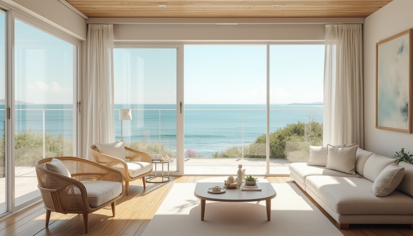 Prompt: \Coastal villa, ocean views, large windows, sliding glass doors, minimal obstruction, reflective white walls, polished wooden floors, natural textiles, woven rattan furniture, shell-inspired decor, driftwood accents, soft cream colors, calming ambiance, warm sunny day, gentle sea breeze, shallow depth of field, 1/1 composition, panoramic view, realistic textures, ambient occlusion.\Let me know if this meets your expectations!