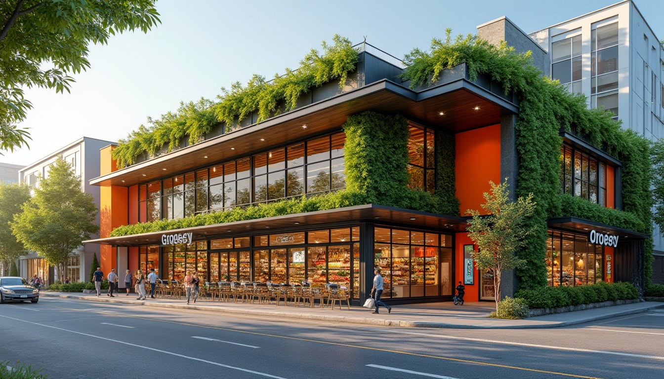 Prompt: Vibrant grocery store exterior, large glass windows, metal frames, modern minimalist architecture, bold color schemes, LED signage, vertical green walls, living walls, natural stone cladding, geometric patterns, cantilevered rooflines, angular lines, eco-friendly materials, rainwater harvesting systems, solar panels, shaded outdoor spaces, misting systems, urban cityscape, busy street scene, morning sunlight, soft warm lighting, shallow depth of field, 1/1 composition, realistic textures, ambient occlusion.