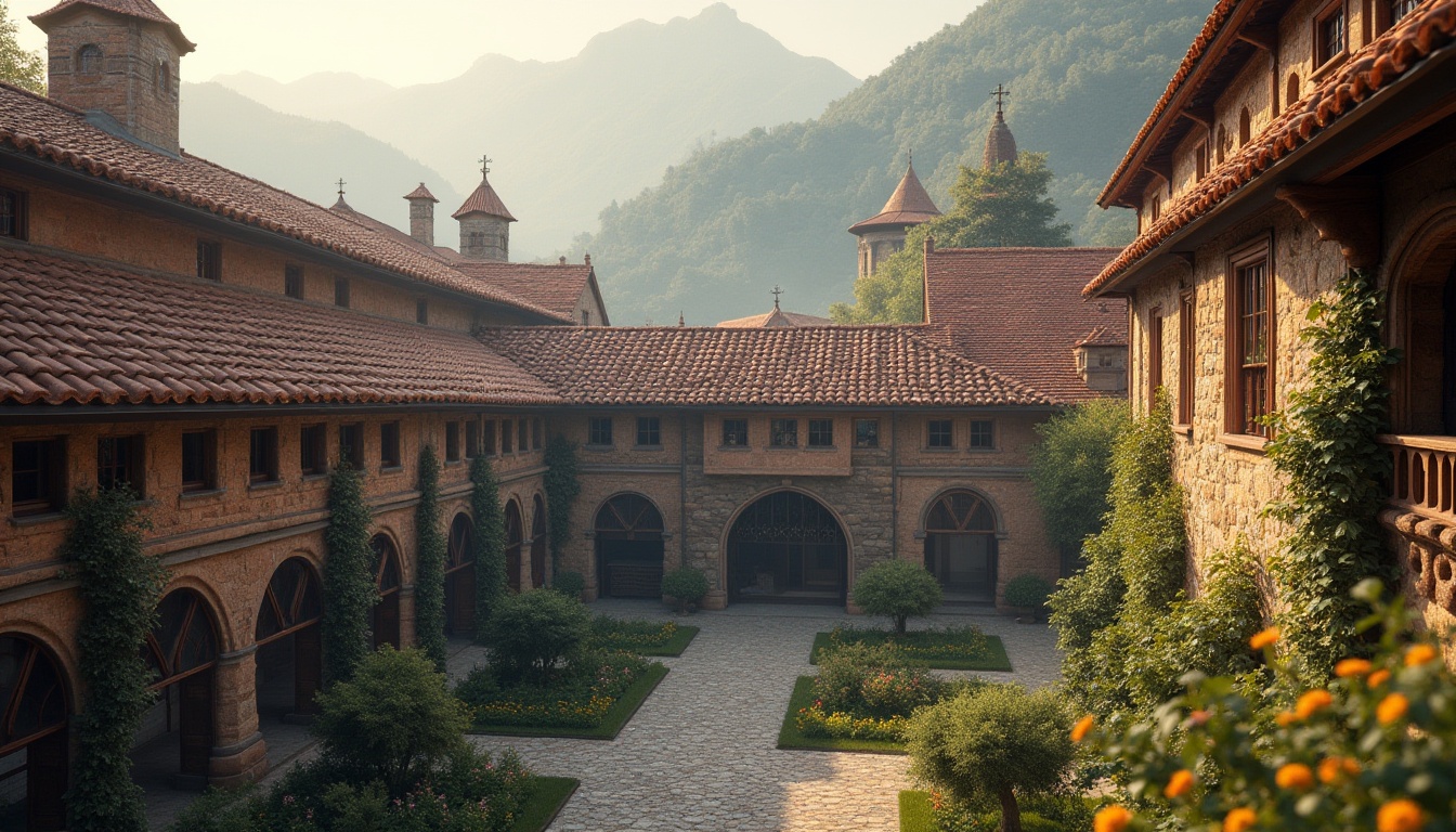 Prompt: Curved monastery rooftops, terracotta tiles, rustic stone walls, ornate wooden beams, stained glass windows, intricate carvings, serene courtyard, lush greenery, vibrant flowers, misty morning, soft warm lighting, shallow depth of field, 1/1 composition, panoramic view, realistic textures, ambient occlusion.