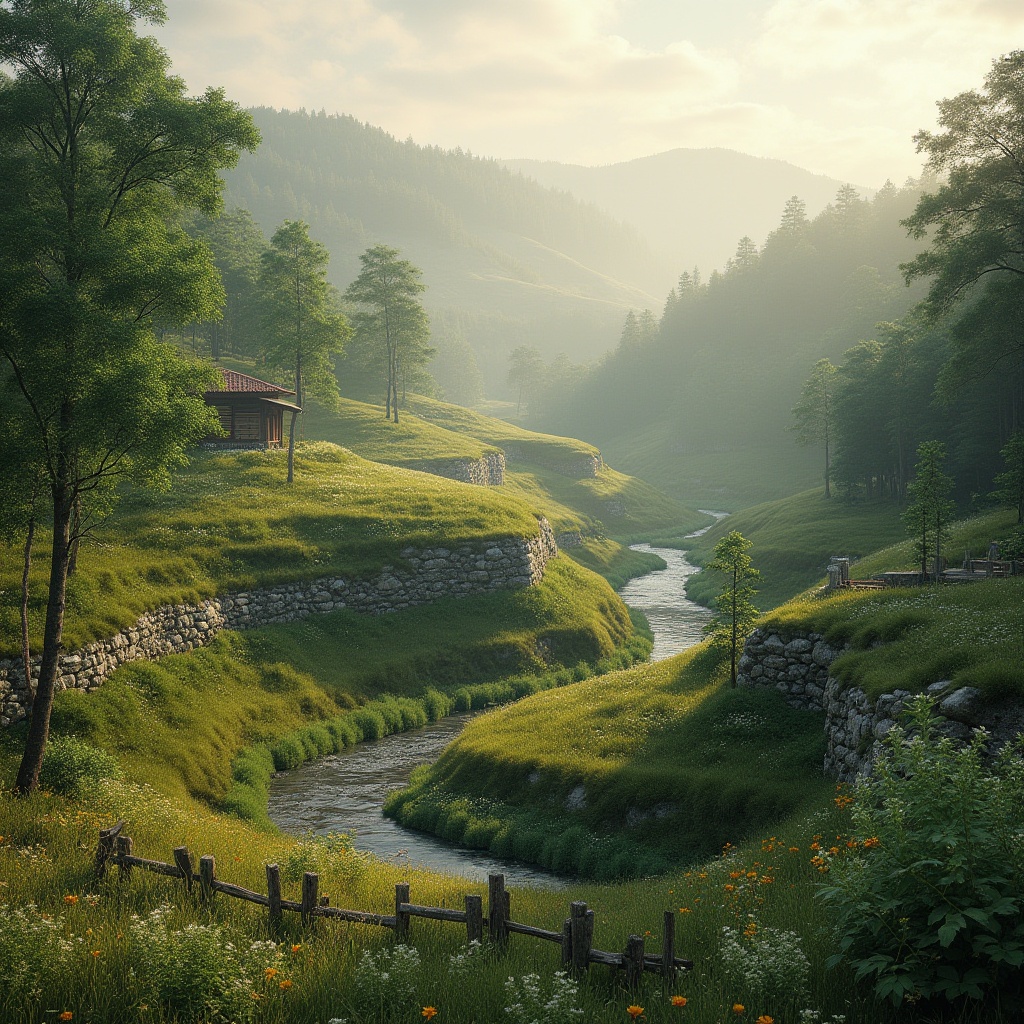 Prompt: Serene natural landscape, rolling hills, lush green forests, meandering streams, rustic stone walls, weathered wood fences, vibrant wildflowers, soft misty morning, warm golden lighting, shallow depth of field, 3/4 composition, panoramic view, realistic textures, ambient occlusion, eco-friendly architecture, sustainable design, harmonious color palette, organic forms, curved lines, blending with nature.