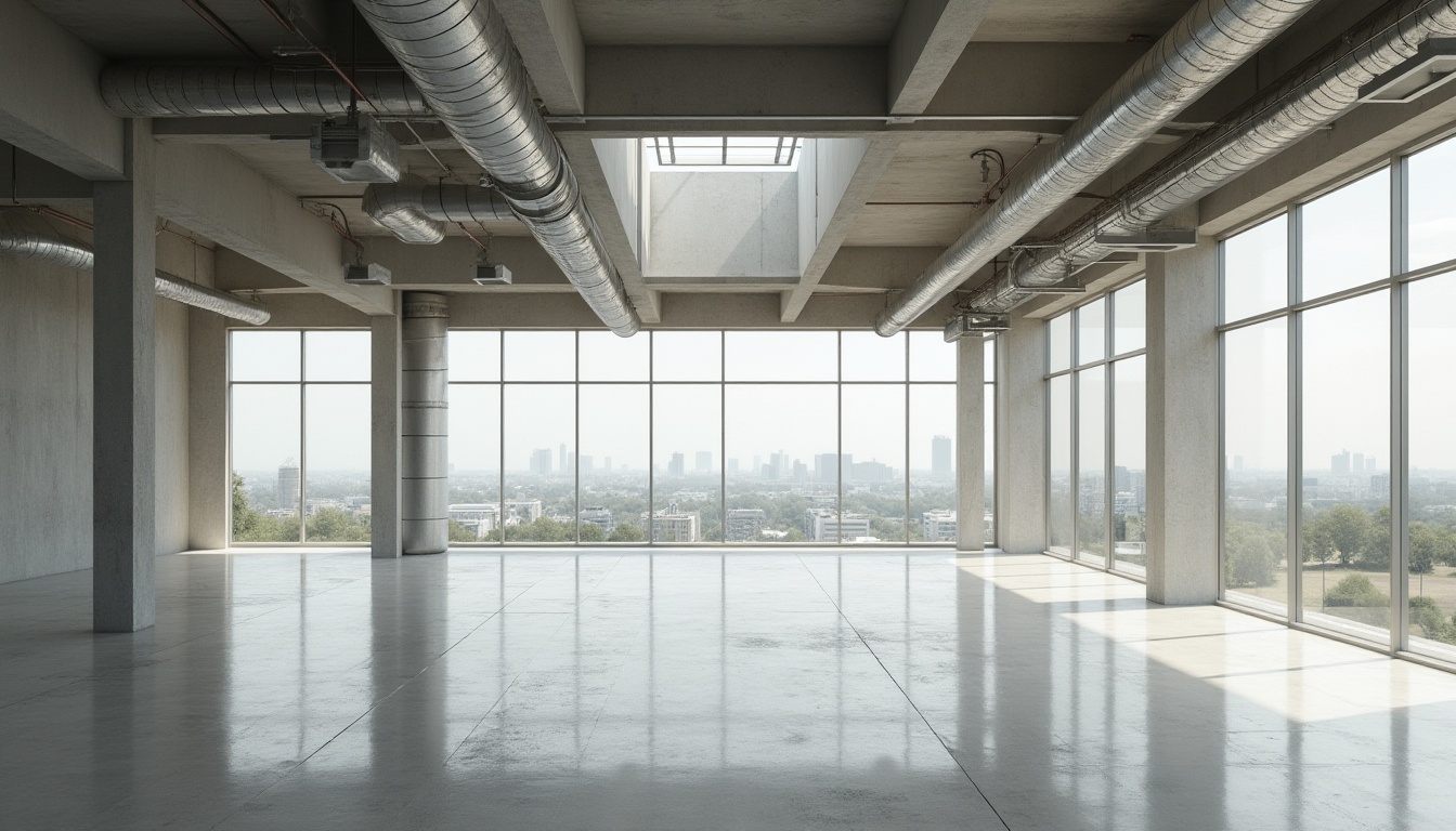 Prompt: Minimalist interior, industrial materials, exposed ductwork, polished concrete floors, large windows, clerestory windows, skylights, open floor plans, brutalist columns, functional simplicity, geometric shapes, primary colors, natural textures, abundant daylight, soft diffused lighting, high ceilings, urban landscape views, modern cityscape, overcast sky, subtle shadows, 1/1 composition, symmetrical framing, realistic renderings.