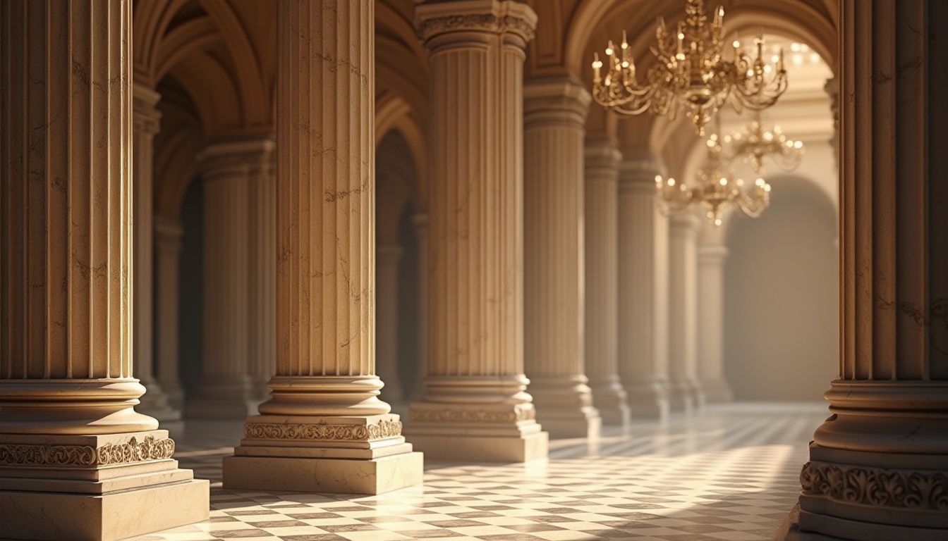 Prompt: Grandiose column, ornate capital, intricately carved marble, classical Renaissance style, fluted shaft, ornamental pedestal, symmetrical arrangement, majestic archways, vaulted ceilings, grand halls, opulent chandeliers, warm golden lighting, subtle shadows, high-contrast textures, detailed stone carvings, realistic ambient occlusion, shallow depth of field, 2/3 composition, harmonious color palette.