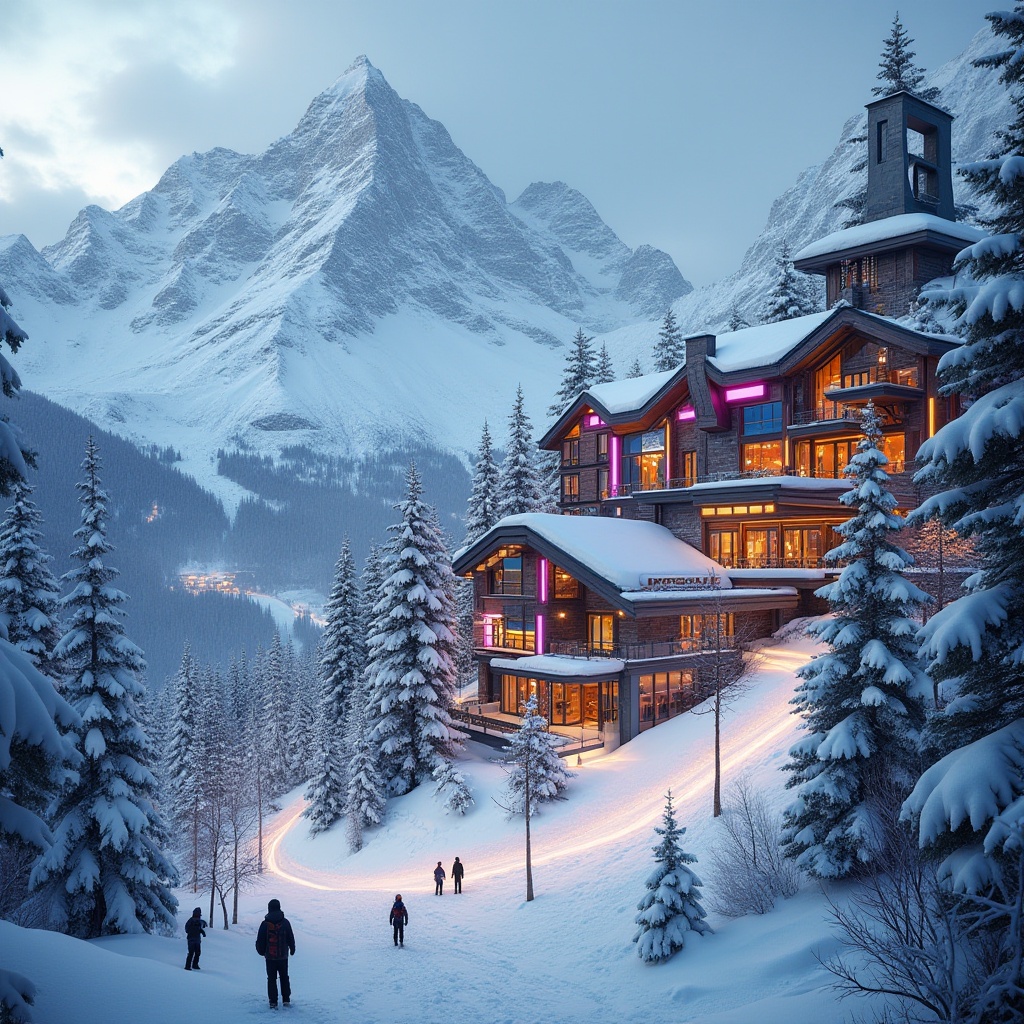 Prompt: Snow-capped mountain peaks, frosty winter air, vibrant ski resort atmosphere, expressionist facade design, bold geometric shapes, colorful abstract patterns, dynamic angular lines, irregular forms, fragmented structures, asymmetrical compositions, rich textures, metallic materials, glass surfaces, LED light installations, neon color schemes, futuristic ambiance, high-tech equipment, snowboarding slopes, ski lifts, winter sports facilities, cozy mountain lodges, warm wooden accents, atmospheric misting effects, dramatic spotlights, 3/4 composition, shallow depth of field, realistic renderings.