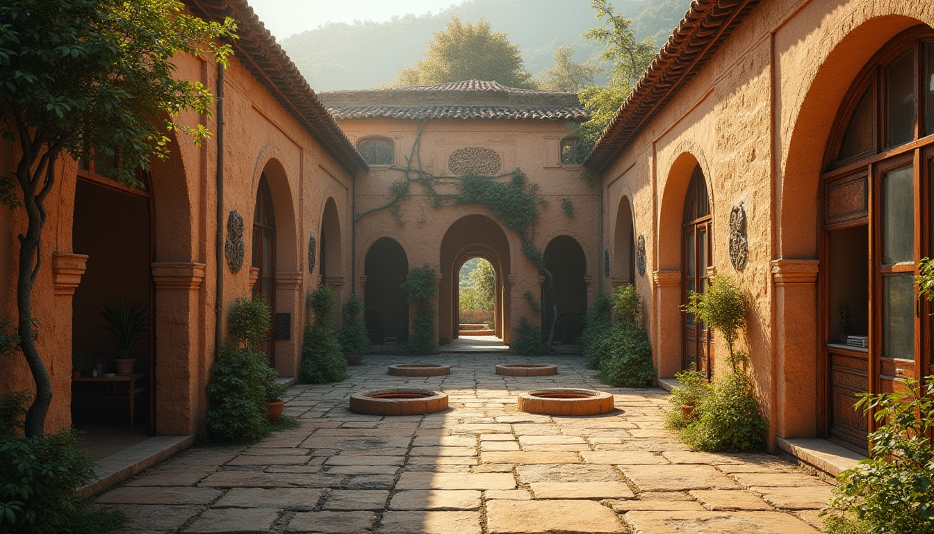 Prompt: Rustic monastery complex, traditional regional architecture, earthy stone walls, curved arches, ornate wooden doors, stained glass windows, tranquil courtyards, lush greenery, serene water features, regional cultural symbols, ethnic patterns, warm golden lighting, soft misty atmosphere, shallow depth of field, 1/2 composition, intimate close-up shots, realistic textures, ambient occlusion.