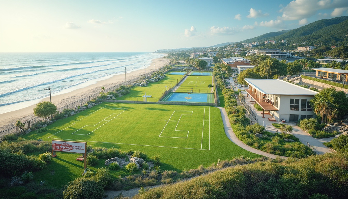 Prompt: Seaside sports complex, lush green turf, oceanfront views, sandy beach transitions, driftwood benches, nautical-themed signage, weathered wooden fences, salt-tolerant landscaping, coastal erosion protection, modern sports facilities, sleek metal bleachers, vibrant athletic tracks, basketball courts, tennis courts, soccer fields, goalposts, nets, floodlights, sunny day, soft warm lighting, shallow depth of field, 3/4 composition, panoramic view, realistic textures, ambient occlusion.