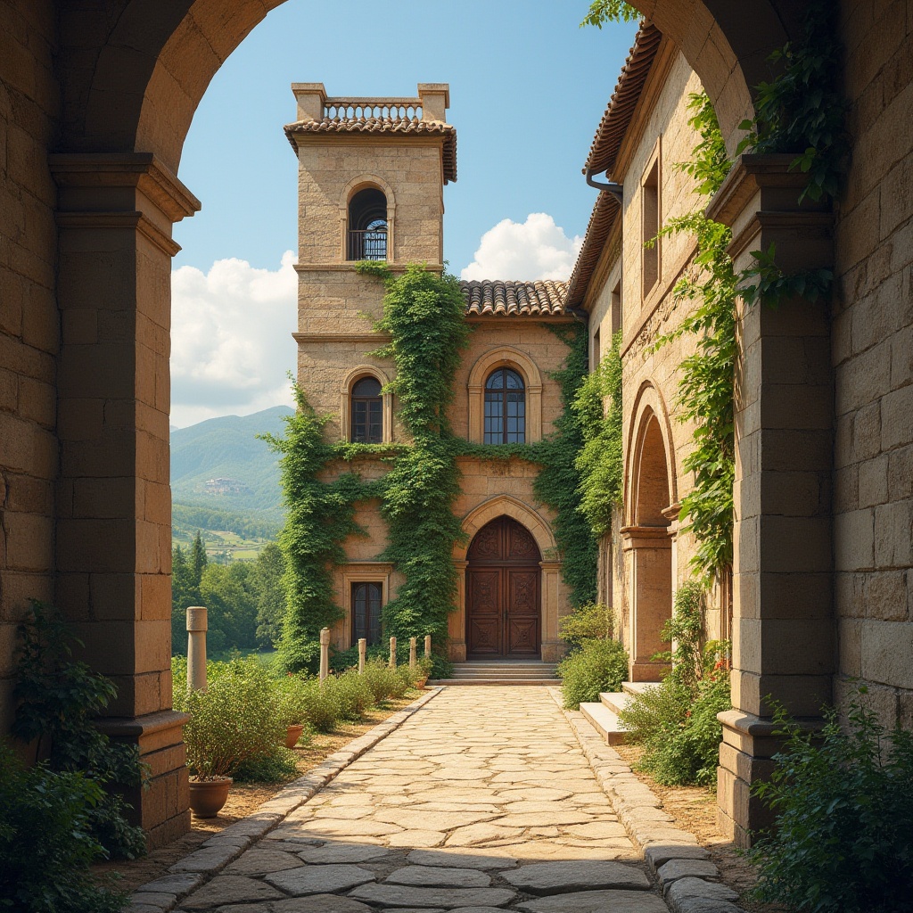 Prompt: Ancient stone archways, rustic wooden doors, vine-covered walls, lush green ivy, ornate ironwork, majestic bell towers, grand entrance halls, high ceilings, stained glass windows, warm golden lighting, soft natural textures, earthy color palette, Romanesque architecture, classic symmetrical design, serene atmosphere, tranquil ambiance, rolling hills, sun-kissed vineyards, blue skies, fluffy white clouds, 3/4 composition, shallow depth of field, panoramic view.